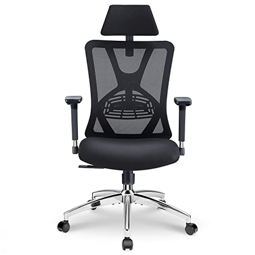 Ticova Ergonomic Office Chair - High Back Desk Chair with Adjustable Lumbar Support, Headrest & 3D Metal Armrest - 130° Rocking Mesh Computer Chair - 69 x 25 x 54 cm - Black