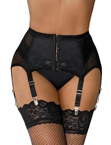 ohyeah High-Waisted Garter Belt Plus Size- Lace Mesh Suspenders Belt with 6 Metal Clip for Stockings（Only Garter Belt ） - Style1:black - Medium-Large