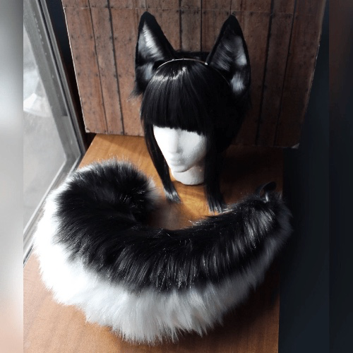 Black & White Faux Fur German Shepherd Ears and Tail Set
