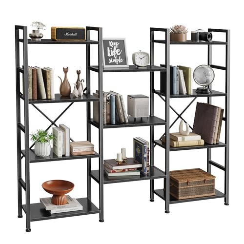 SUPERJARE Triple 4 Tier Bookshelf, Bookcase with 11 Open Display Shelves, Wide Book Shelf Book Case for Home & Office, Black - Black - 4 Tier