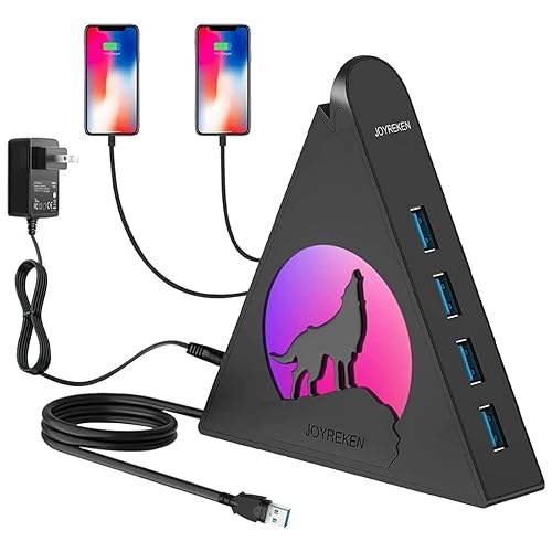 Powered USB Hub 3.0, JoyReken USB Hub with 4 USB 3.0 Data Ports and 2 USB Smart Charging Port, USB Hub Tower USB hub 3.0 Powered with 12V/4A Power Adapter for Mac PC Laptop USB Flash Drives - 4 USB 3.0+ 2 Fast Charging Port - HowlingWolf