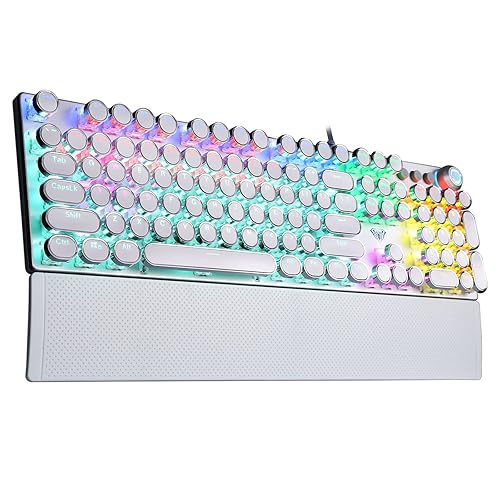 AULA F2088 Typewriter Style Mechanical Gaming Keyboard,Rainbow LED Backlit,Removable Wrist Rest,Media Control Knob,Retro Punk Round Keycaps,USB Wired Computer Keyboard,White - White-blue switches