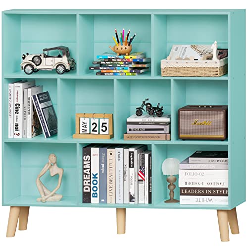 LEYAOYAO 10 Cube Bookshelf,3 Tier Modern Wide Bookcase with Legs,Mid-Century Wood Bookshelves Storage,Mint-Green Large Book Case,Freestanding Organizer Display Shelf for Bedroom,Living Room,Office - 10 Cube - Mint Green