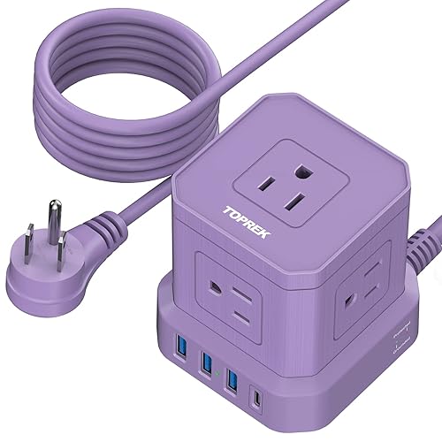Power Strip with USB, USB C (3.0A) Travel Strip, TOPREK 10 FT Extension Cord 5 AC Outlet 4 Compact Desk Charging Station for Home Office, Dorm, Hotel, 700J Surge Protection, Flat Plug - Purple
