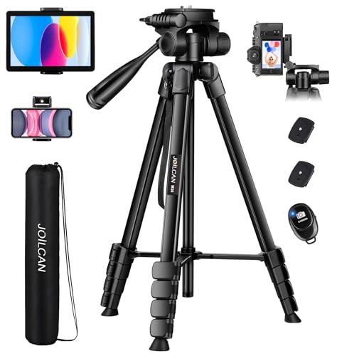 JOILCAN Camera Tripod, 68" Tablet Tripod Stand for Phone Cameras, Travel Tripod Compatible with iPad iPhone DSLR SLR Projector, Cell Phone Tripod Stand with Remote/Travel Bag / 2 in 1 Mount - 68" - Black