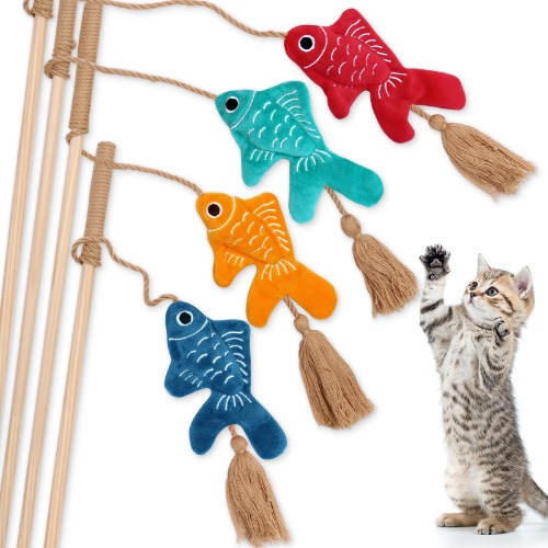 Goldfishes Cat Wand Catnip Toys with Tassels Kitten Fishes Teaser Chew Knickknack Interactive Fishing Rod Pillows Catmint Plush Kitty Plaything Gift Ideas Set of 4 - 