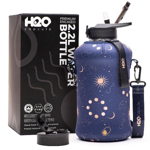 H2O Capsule 2.2L Half Gallon Water Bottle with Storage Sleeve and Covered Straw Lid – BPA Free Large Reusable Drink Container with Handle - Big Sports Jug, 2.2 Liter (74 Ounce) - Zodiac Signs