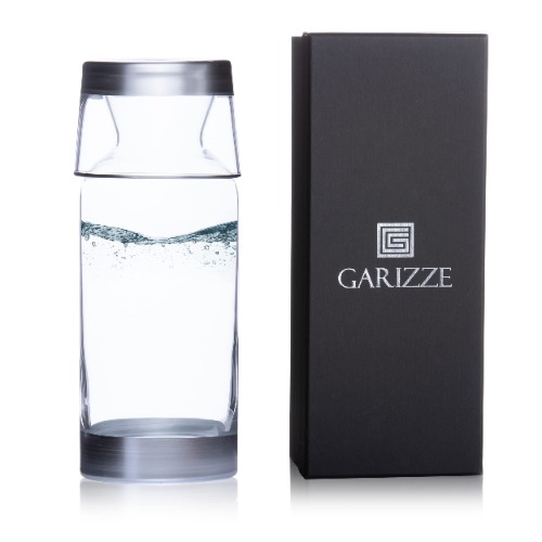 GARIZZE Bedside Water Carafe and Glass Set for Bedroom, Bedside Carafe and Glass Set, Mouthwash Decanter for Bathroom, Water Carafe with Glass Cup for Nightstand (24-oz/7-oz) (SILVER)