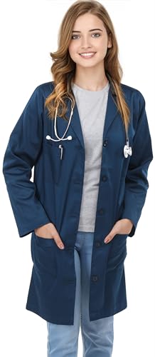 NY Threads Professional Lab Coat for Women, Full Sleeve Poly Cotton Long Medical Coat - Navy - Small