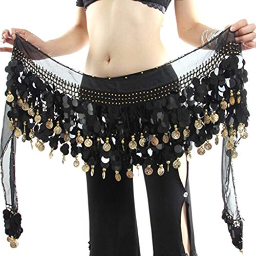 WEKIOOBON Belly Dance Hip Scarf, Sequin Belly Dance Skirt Wrap for Women - Black