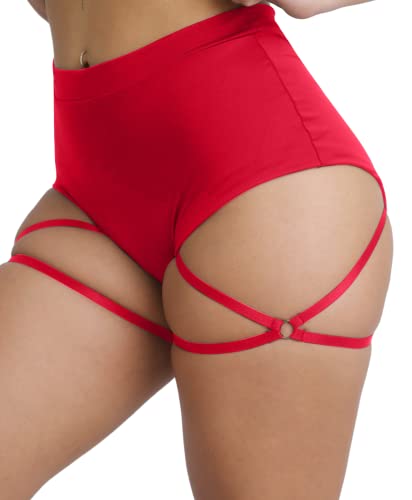 BZB Women's Booty Shorts with Garters High Waisted Workout Pole Dance Yoga Hot Pants Active Butt Lifting Sports Leggings - Medium - Red