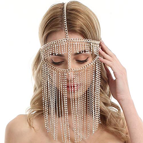 Tipmant Women Masquerade Masks Face Chain Tassels Metal with Rhinestone for Parties, Stage Performance, Dance, Cosplay etc. - Gold 1