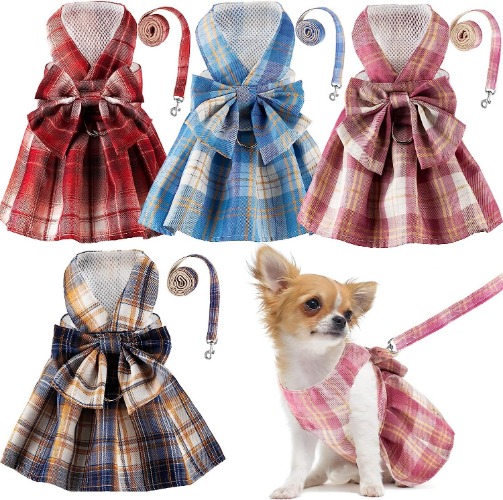 Potchen 4 Pcs Plaid Dog Dress Bow Tie Harness Leash Set Harness Dress Small Dogs Cute Dog Pet Girl Puppy Summer Clothes Female Summer Bunny Rabbit Clothes Yorkie Chihuahua Training Walking (XS) - XS