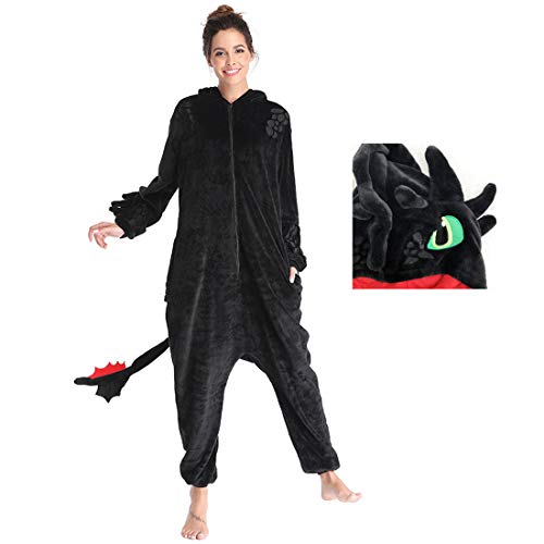 Xinxiaomeng Toothless Onesie Adults Dragon Pajamas Flannel Animal Winter Sleepwear Halloween Cosplay Costume - X-Large - Black