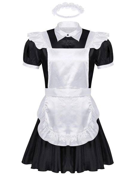 inlzdz Men's Frilly Satin Flutter Sissy French Maid Dress Costume Crossdress Nightwear Pajamas - Black&type C X-Large