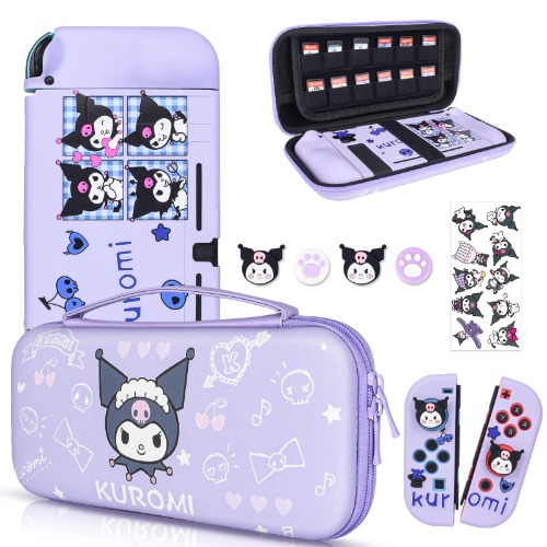DLseego Little Evil Rabbit Switch Case Set Purple Carrying Case with 12 Slots Cute Silicone Protective Case Soft Cover with 4PCS Lovely Thumb Grips Caps and 1PCS Kawaii Sticker - Purple