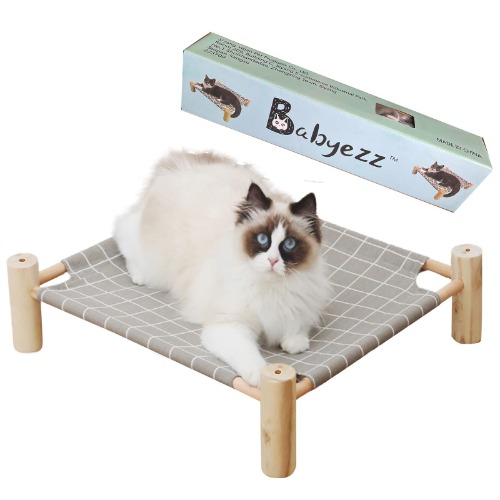 Babyezz Cat and Dog Hammock Bed, Wooden cat Hammock Elevated Cooling Bed, Detachable Portable Indoor / Outdoor pet Bed, Suitable for Cats and Small Dogs (Gray Grid) - Gray grid