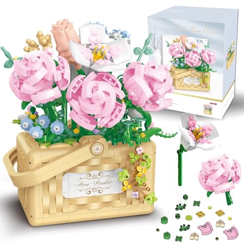 Sopu 1277 Pcs Flower Bouquet Building Kit Bonsai Rose Fower Basket Building Blocks Set, Artificial Flowers Building Toys, Valentine Gifts for Her, Valentine's Day Gifts for Wife Women Girlfriend Mom - Flower Basket