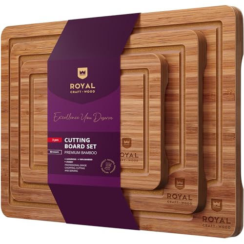 ROYAL CRAFT WOOD Wooden Cutting Boards for Kitchen Meal Prep & Serving - Bamboo Wood Serving Board Set with Deep Juice Groove Side Handles - Charcuterie & Chopping Butcher Block for Meat (3 Pcs) - 3-Piece - Brown