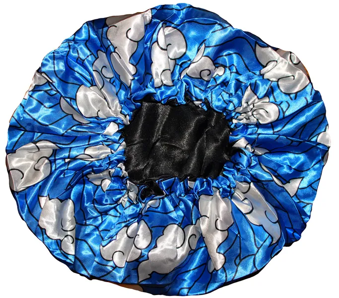 Large Bonnet - Silky Satin Bonnet with Elastic Soft Band - Blue White Water Clouds
