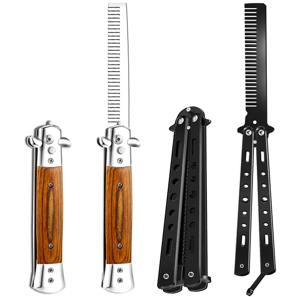 2 Pieces Wood Grain Switchblade Blade Comb Pocket Knife Hair Brush Automatic Push Button Brush and Folding Butterfly Comb Stainless Steel Training Practice Comb Outdoor Practice Comb (Black) - Black