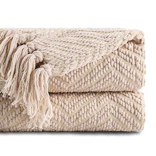 BATTILO HOME Beige Throw Blanket for Couch, Soft Warm Cozy Knitted Throw Blanket with Tassels, Zig Zag Sofa Blanket Bed Throw for Living Room All Season Decor, 50" x 60" - Beige - 50"x60"