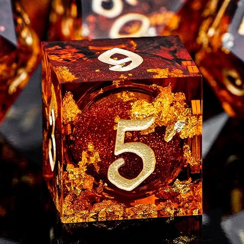 ARUOHHA Liquid Core DND Dice Set, 7pcs Resin Sharp Edged Dice for Dungeons and Dragons, Handmade RPG Dice, Golden Red Polyhedral D&D Dice with Gift Box, Role Playing Dice Set D20 D12 D10 D8 D6 D4 - Golden Red
