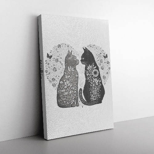 Yin and Yang Two Cats in Love Canvas, Black Cat Wall Art - 8x12 / .75