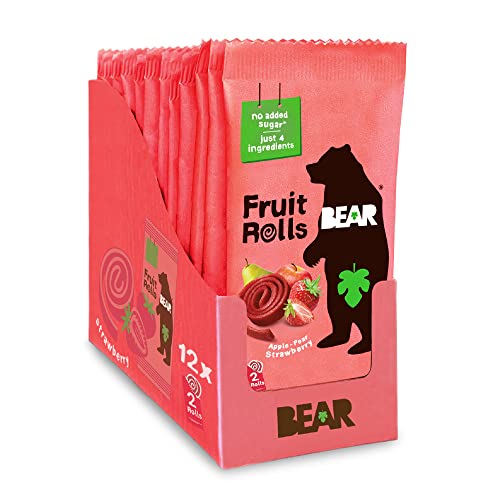 BEAR Real Fruit Snack Rolls - Gluten Free, Vegan, and Non-GMO - Strawberry – Healthy School And Lunch Snacks For Kids And Adults, 0.7 Ounce (Pack of 12) - Strawberry - 12 Pack
