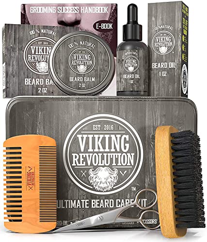 Viking Revolution Beard Care Kit for Men - Kit includes 100% Boar Beard Brush, Wooden Comb, Beard Balm, Beard Oil, Beard & Mustache Scissors in a Metal Box - Care Kit