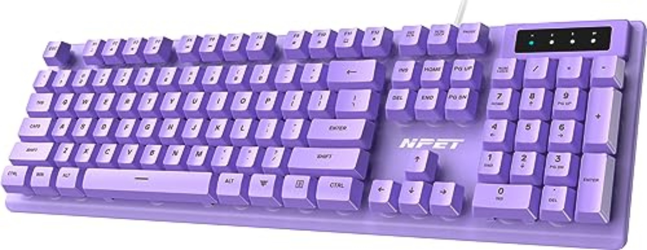 NPET K10V1 Wired Computer Keyboard, Plug and Play, Full-Size with 12 Multimedia Keys, Spill-Resistant, 6.2ft USB Cable, Compatible with PC, Laptop (Purple) - No Backlit-Purple Keyboard