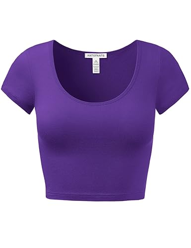 Women's Cotton Basic Scoop Neck Crop Tops Short Sleeve Tops - Medium - 011-purple