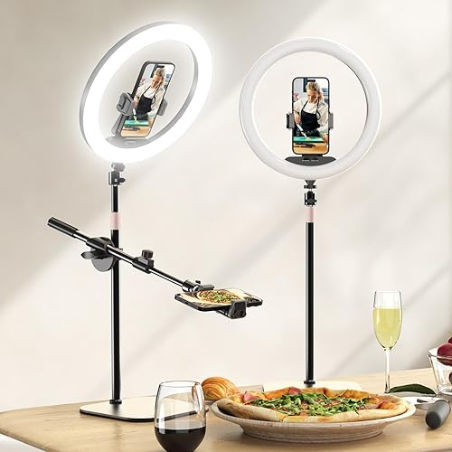 UBeesize 12" Desk Ring Light with Stand and Phone Holder, Overhead Phone Mount for Video Recording, Zoom Meeting, Live Streaming, Tiktok, YouTube，Compatible with iPhone, Android, Cameras - Desk Stand