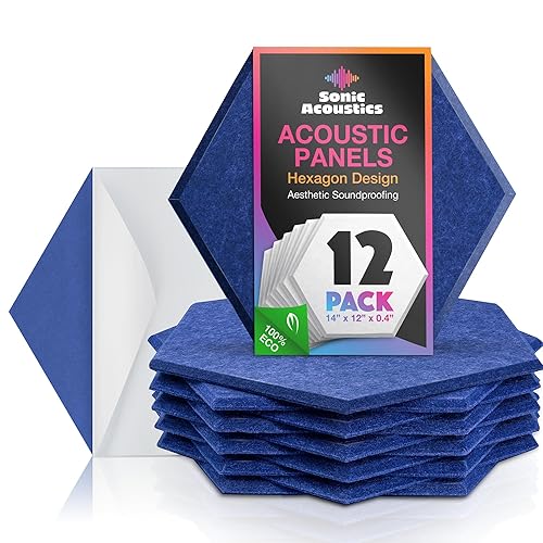 Sonic Acoustics Self-Adhesive 12 Pack Hexagon Acoustic Panels, 14" X 12" X 0.4" High Density Sound Absorbing Panels Sound Proof Insulation Beveled Edge Studio Treatment Tiles-Dark Blue - Self-adhesive - Dark Blue