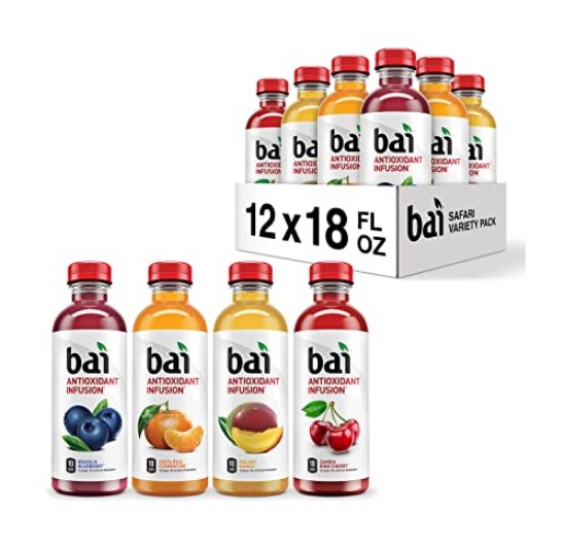 Bai Flavored Water, Safari Variety Pack, Antioxidant Infused Drinks, 18 Fluid Ounce Bottles, 12 Count, 3 Each of Brasilia Blueberry, Costa Rica Clementine, Malawi Mango, Zambia Bing Cherry,18 Fl Oz (Pack of 12) - Safari Variety Pack