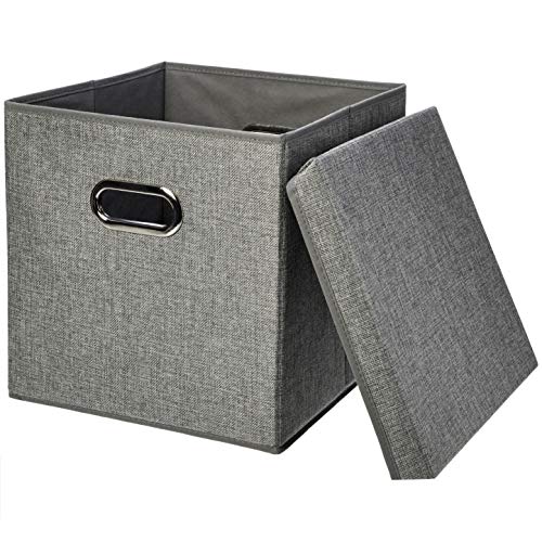 Amazon Basics Foldable Burlap Cloth Cube Storage Bin With Lid, Set of 2, Gray - 2-Pack