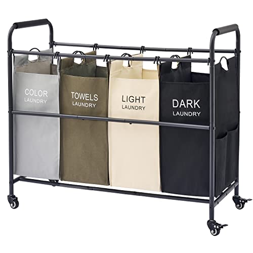 Tajsoon 4 Bag Laundry Sorter Cart, 4 Section Laundry Hamper Sorter with Heavy Duty Lockable Rolling Wheels, Laundry Separator Hamper with Removable Bags for Dirty Clothes Storage, 4 Colors - GreyGreenWhiteBlack