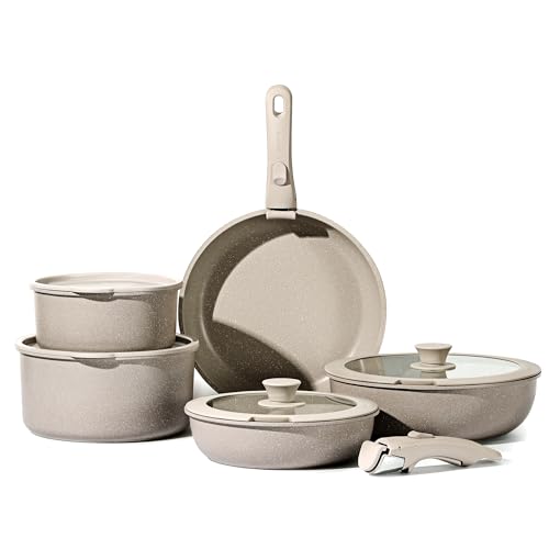 CAROTE Pots and Pans Set, Nonstick Cookware Set Detachable Handle, 11pcs Kitchen Cookware Sets Non Stick with Removable Handle, Induction RV Cookware Set, Oven Safe, Taupe - 11pcs taupe set