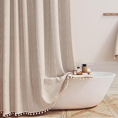 Colorigan Boho Farmhouse Shower Curtain - Linen Rustic Heavy Duty Fabric Shower Curtain Set with Tassel, Water Repellent Cloth, Modern Bohemian Chic Country Bathroom Shower Curtains - Tan - 72Wx72L Inches