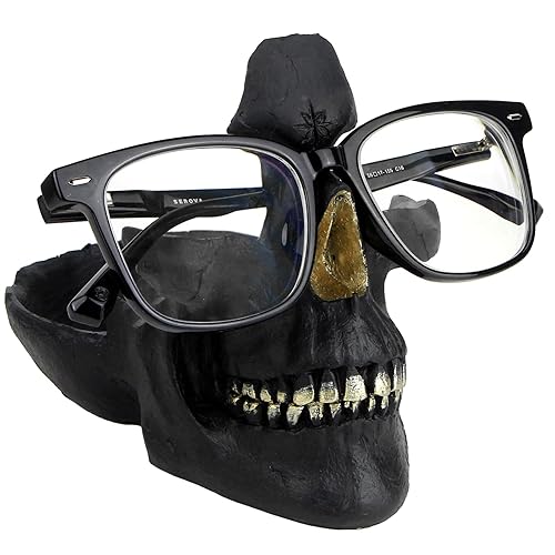 Mrlikale Skull Glasses Stand Holder, Creative Eyeglasses Holder, Sunglasses Spectacle Display Rack, Key Holder Resin Sculptures for Entryway, Home, Office, Desk, Nightstand (Black) - Black