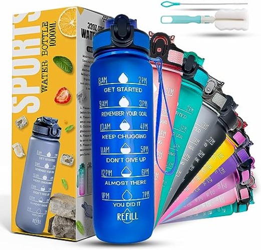 K-MART Water Bottle 1000ml Sports Water Bottle with Motivational Time Marker & Straw, Dishwasher Safe Leak-proof Drink Bottle BPA Free Non-Toxic Tritan Material 1 Click Open for Running Gym - Blue