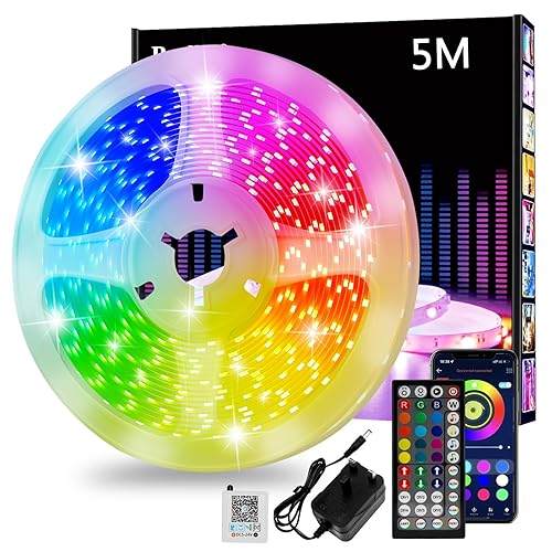 Led Strip Light 5m, Cuttable RGB Led Lights with Smart App Control Remote, Music Sync Colour Changing for Bedroom, Gaming Room, Kitchen, Home Decoration - 5M