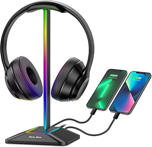 New bee Headphone Stand RGB Headset Holder with 1 USB-C Charging Port and 1 USB Charging Port, Headset Stand Gaming with 7 Light Modes Suitable for All Earphone Accessories - Black