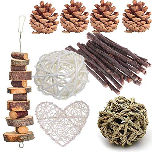 Rabbit Chew Toys, Pet Bunny Tooth Chew Toys Organic Natural Apple Wood Grass Cake Ideal for Bunny, Chinchilla, Guinea Pigs, Hamsters Teeth Grinding, Bird Exercise Molar (13PCS) - 13PCS