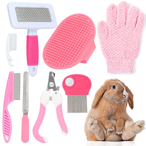 VCZONE Pink Small Animal Grooming Kit with Nail Clipper, Flea Comb, Shampoo Brush, Slicker Brush, Massage Glove for Rabbits - Pink