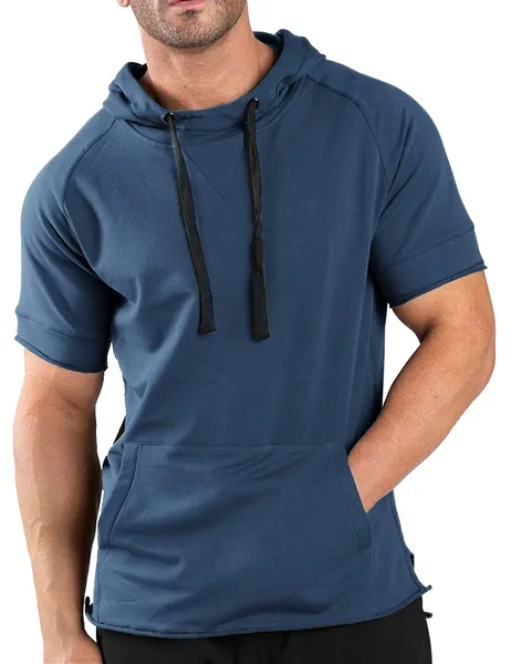 COOFANDY Men's Fashion Athletic Hoodies Pullover Muscle Fit Workout Gym Sweatshirt Cotton Short Sleeve Hooded T-Shirts - Blue Large