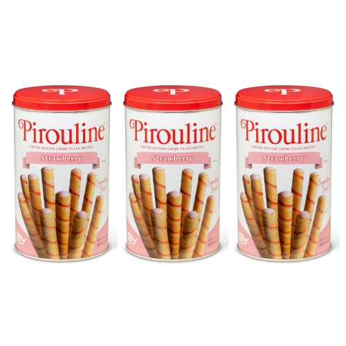 Pirouline Rolled Wafers – Strawberry – Rolled Wafer Sticks, Crème Filled Wafers, Rolled Cookies for Coffee, Tea, Ice Cream, Snacks, Parties, Gifts, and More – 14.1oz Tin 3 Pack - Strawberry - 14 Ounce (Pack of 3)