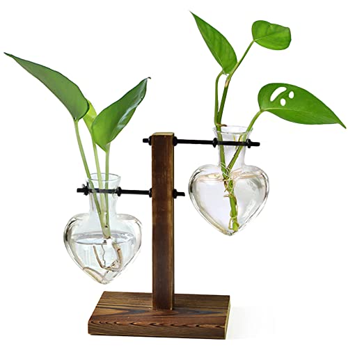 Plant Terrarium Wooden Stand, Hydroponic Planter Bulb Glass Metal Swivel Holder Retro Air Plants Water Plants for Home Office Decoration, Plant Lover Gifts - 2 Love Bulb Vase