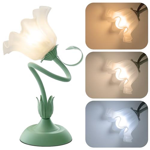 WERFOP Vintage Flower Table Lamp for Bedroom,‎ 3 Color Modes Lily of The Valley Bedside Lamp with E26 Bulb Gooseneck Nightstand Lamp for Living Room Office Reading - Modern