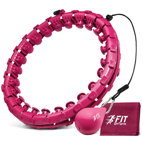 Weighted Hoola Hoop for Adults Weight Loss - Smart Exercise Infinity Hoop -  2 in 1 Abdomen Massage Fitness Hoop - Adjustable 24 Detachable Knots - Abs Workout Hoola Hoops with Cooling Towel - Pink